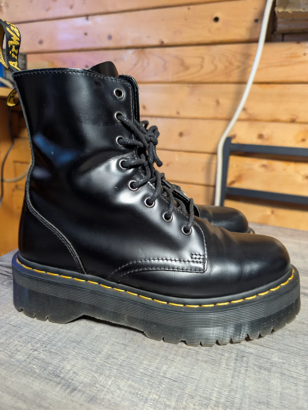 Dr. Martens Black Leather Platform Lace-Up Boots with Yellow Stitching